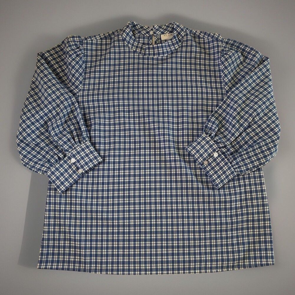 Villa Clothes Women’s Blue White Gingham Plaid Puff 3/4 Sleeve Blouse EUR 42